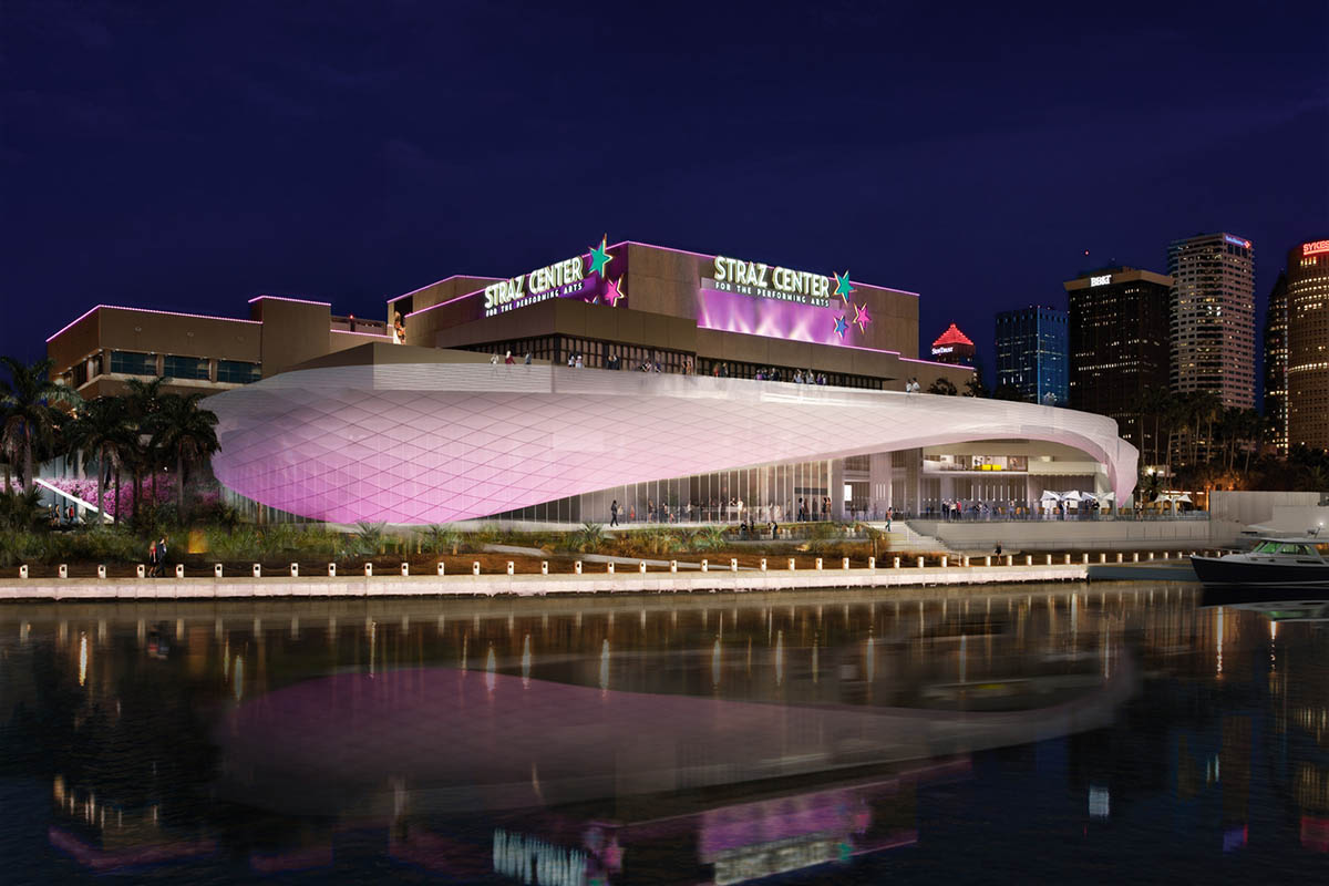 Rendering of Straz Center for the Performing Arts colorfully illuminated at night.