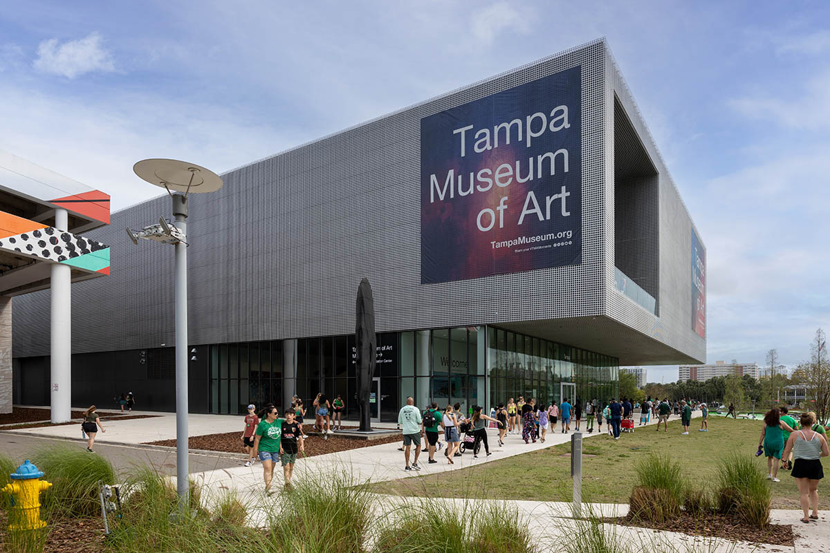 Tampa Museum of Art with modern architecture bustling with visitors.